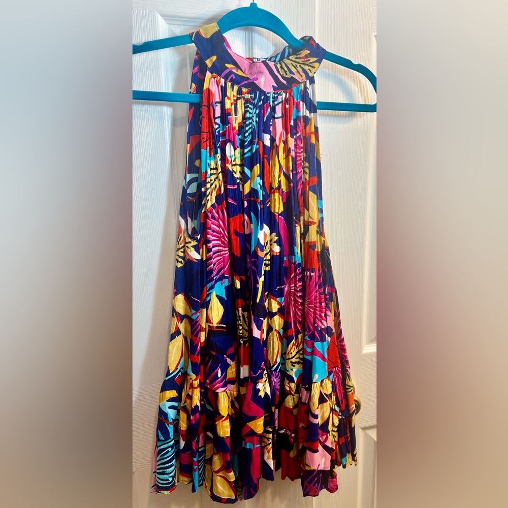 Colorful Ashley Stewart Navy Floral Pleated Shirt with Pink Yellow Red Accents